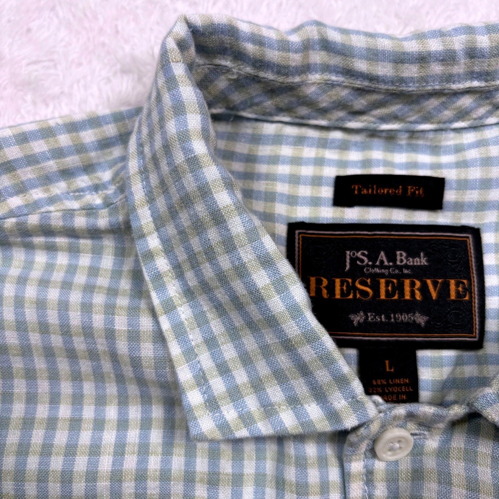 Jos A Bank Button Shirt Mens L Blue Green Gingham Check Linen Blend Short Sleeve
